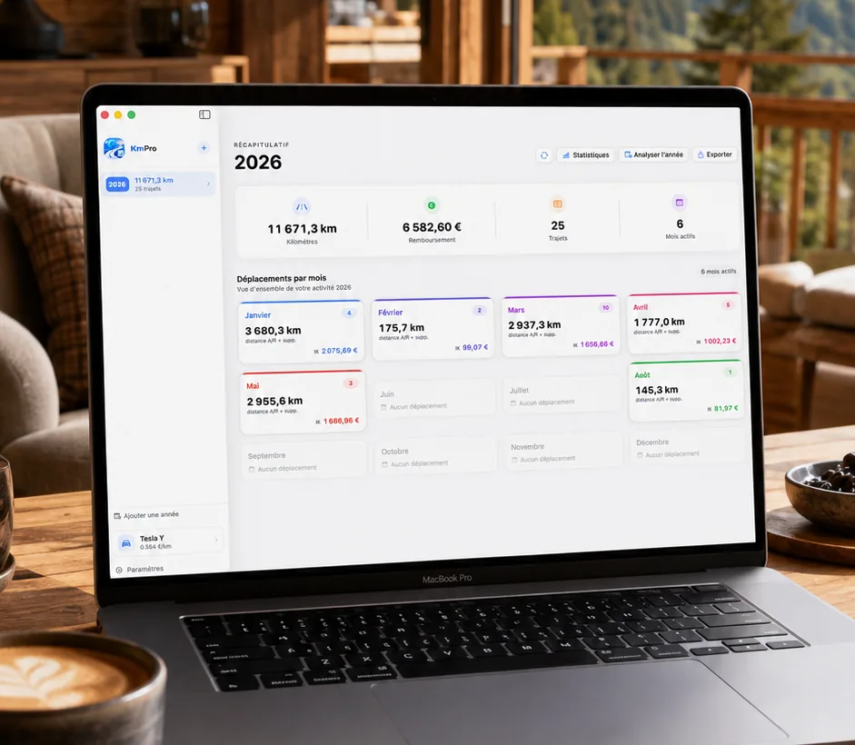 MacBook affichant la vue annuelle KmPro avec les kilomètres, les montants et le détail mois par mois