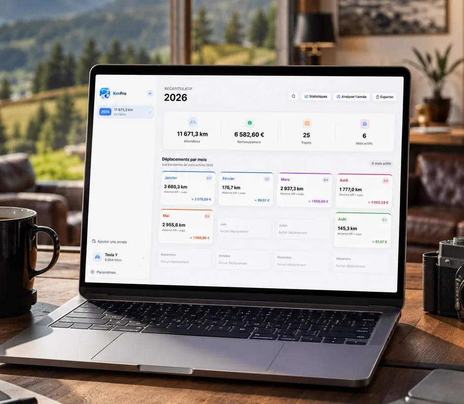 MacBook affichant la vue annuelle 2026 de KmPro avec le détail des mois
