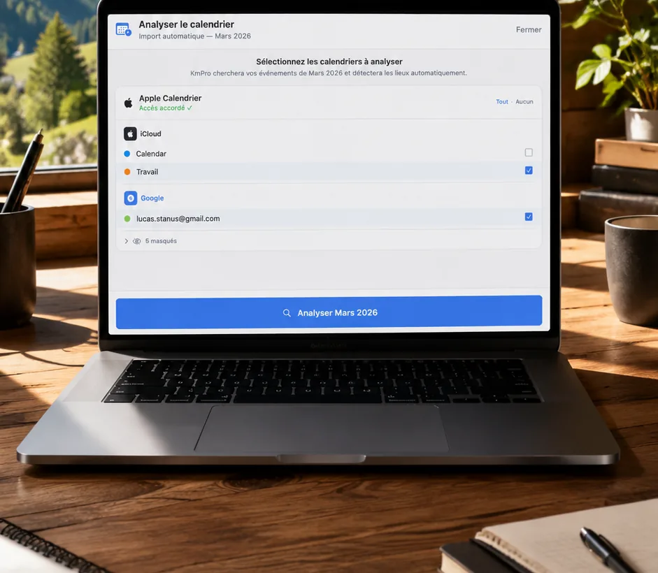 KmPro sur Mac : fenêtre d’analyse du calendrier avec le choix des calendriers à analyser