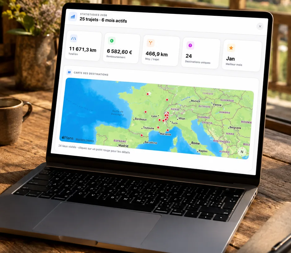 KmPro sur Mac : vue annuelle avec la jauge de volume et la carte des trajets en France
