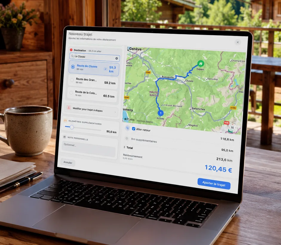 KmPro sur Mac : trajet affiché sur une carte avec son itinéraire et le montant calculé