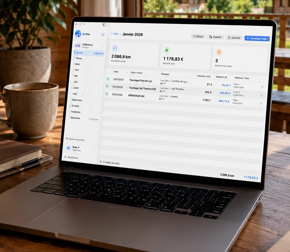 KmPro sur Mac : tableau mensuel détaillé des trajets