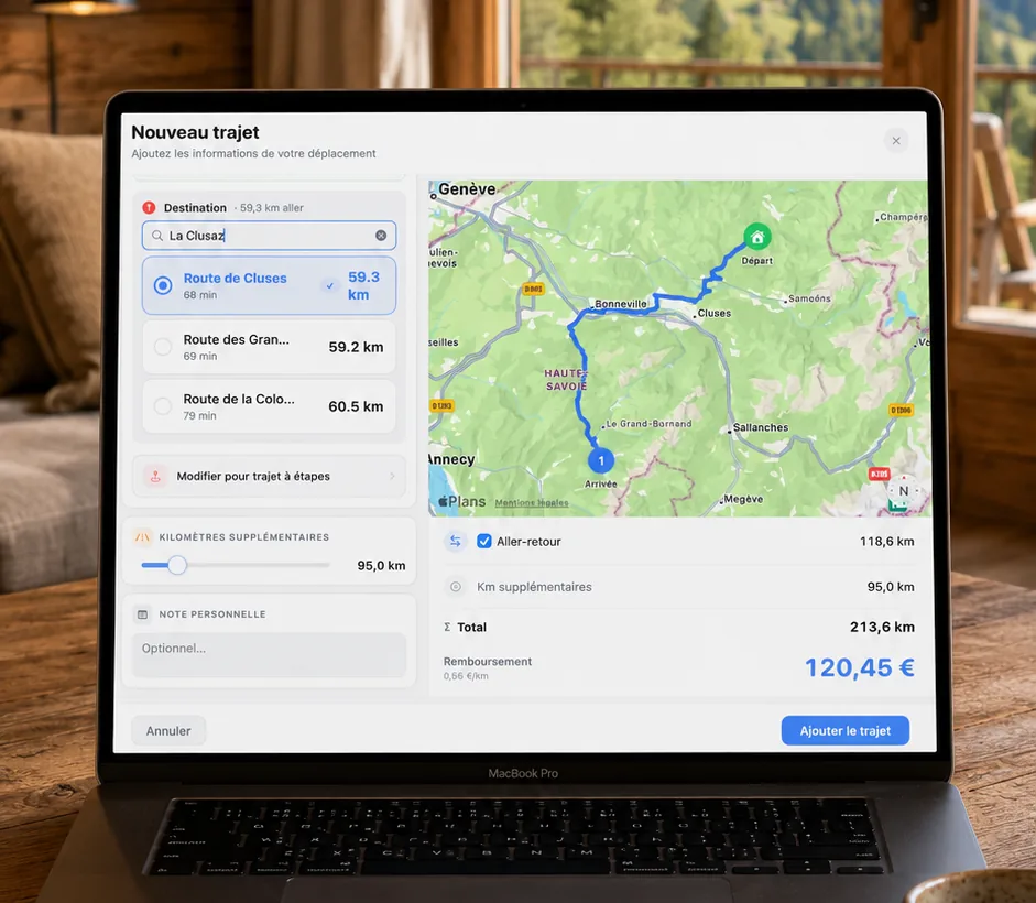 Fenêtre Nouveau trajet de KmPro sur Mac avec la carte de l’itinéraire et plusieurs routes proposées