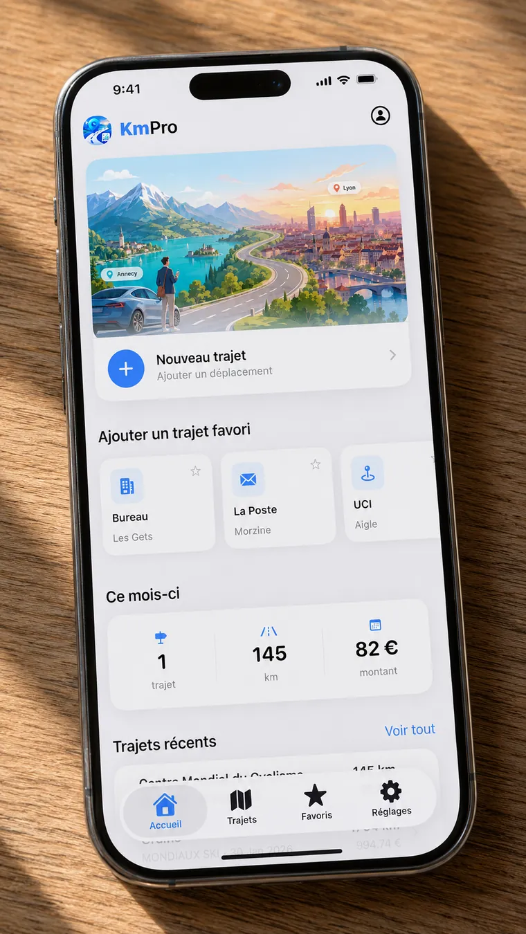 Écran d’accueil KmPro sur iPhone avec le visuel régional et le bouton Nouveau trajet