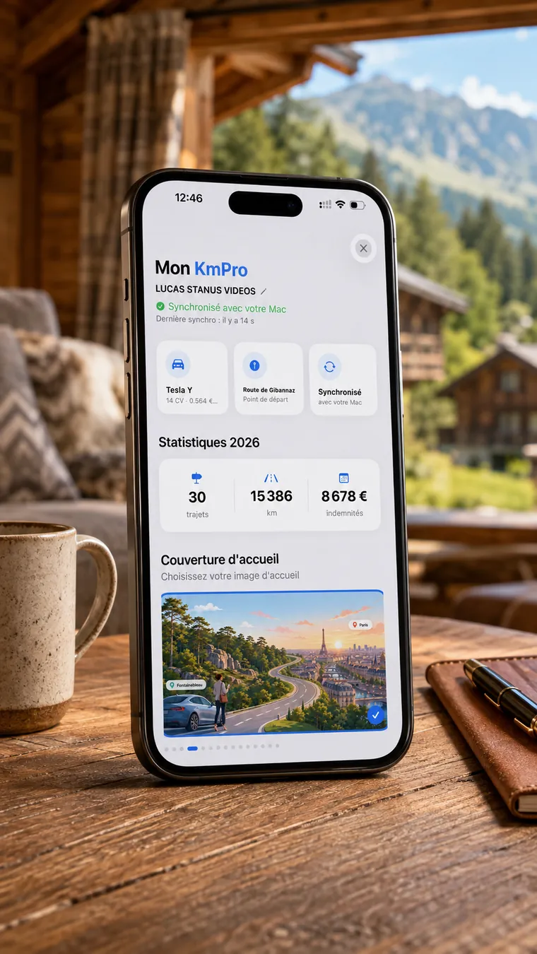 iPhone affichant l’écran Mon KmPro : statistiques 2026, 30 trajets, 15 386 km et 8 678 € d’indemnités, posé sur une table de chalet
