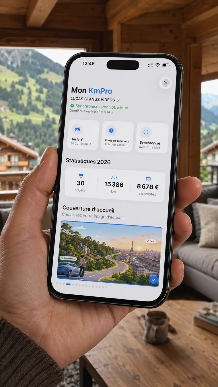 Main tenant un iPhone avec l’écran Mon KmPro indiquant Synchronisé avec votre Mac